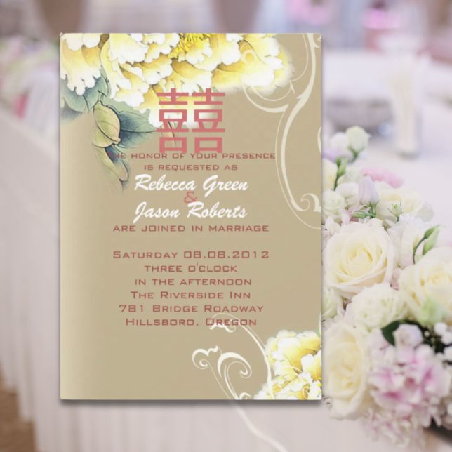 Convite moderno peônia floral vintage casamento chinês (modern vintage peony floral chinese Wedding Invitation)