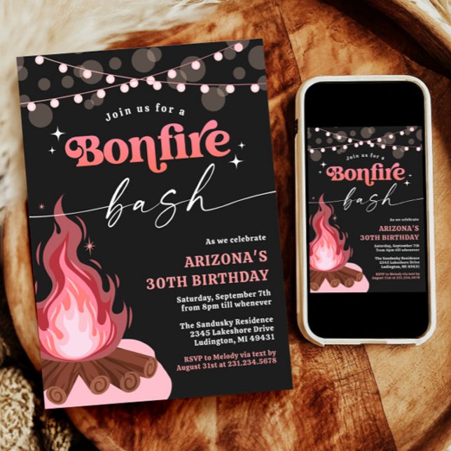 Convite Moderno Pessegueiro Rosa Bonfire, Bacia Bo (Pink Birthday Backyard Bonfire Invitation)