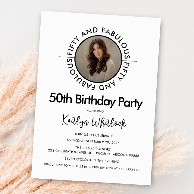 Convite Moderno Preto Branco Cinquenta e Fabuloso (black and white fifty and fabulous 50th birthday party invitation bold typography elegant script)