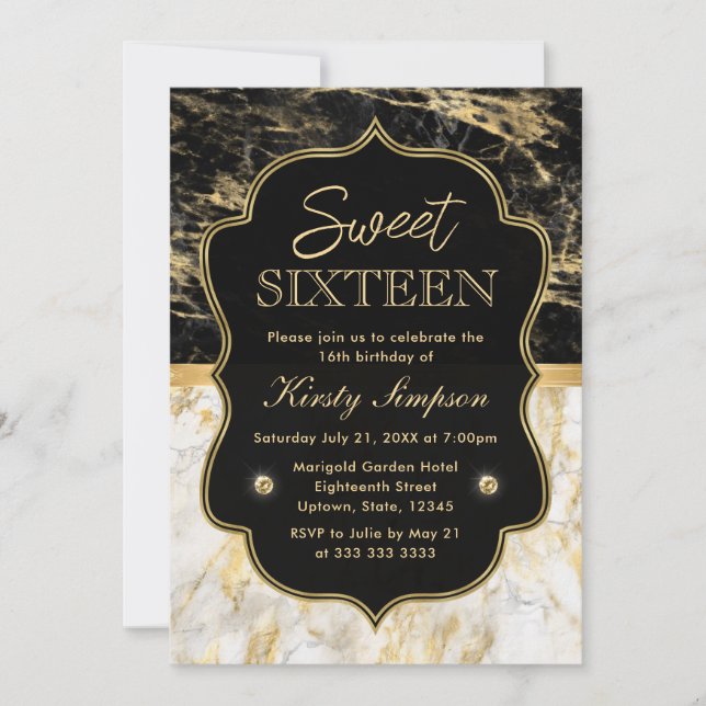 Convite Moderno Preto, Branco e Mármore Dourado Sweet 16 (Frente)