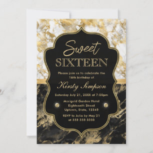 Convite Moderno Preto, Branco e Mármore Dourado Sweet 16