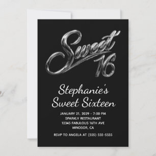 Convite Moderno Preto Cromo Prata Sweet 16
