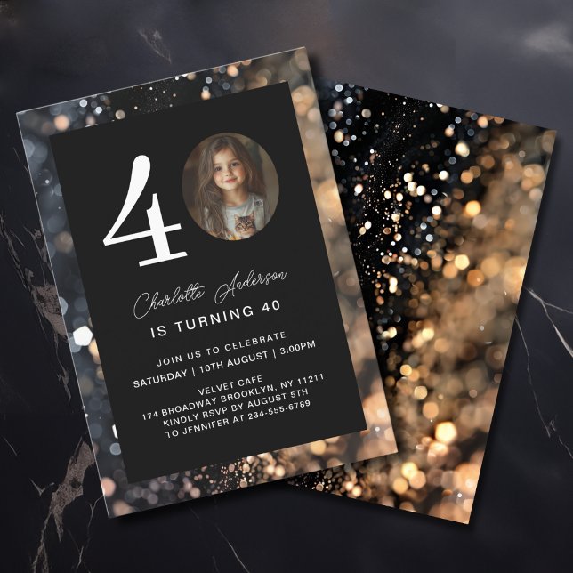 Convite Moderno, Preto, Dourado, Brilhante, Foto, 40. Aniv (Modern, Black, Gold, Glitter, Photo, 40. Birthday Invitation)