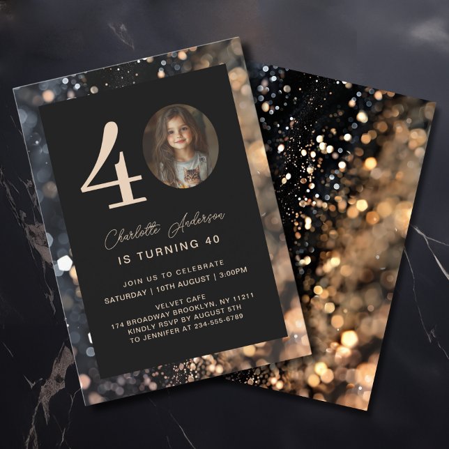 Convite Moderno, Preto, Dourado, Brilho, Foto, 40. Anivers (Modern, Black, Gold, Glitter, Photo, 40. Birthday Invitation)