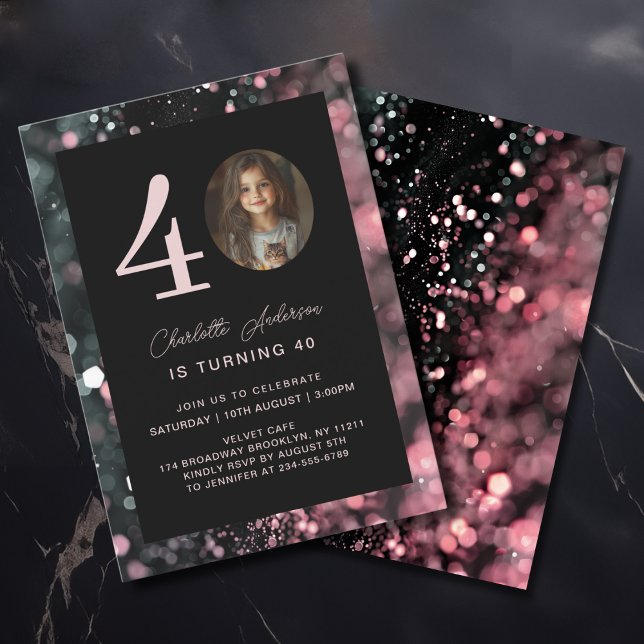 Convite Moderno, Preto, Rosa, Brilhante, Foto, 40. Anivers (Modern, Black, Pink, Glitter, Photo, 40. Birthday Invitation)