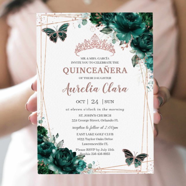 Convite Moderno Quinceañera Emerald Green Rosa Floral Dour (Criador carregado)