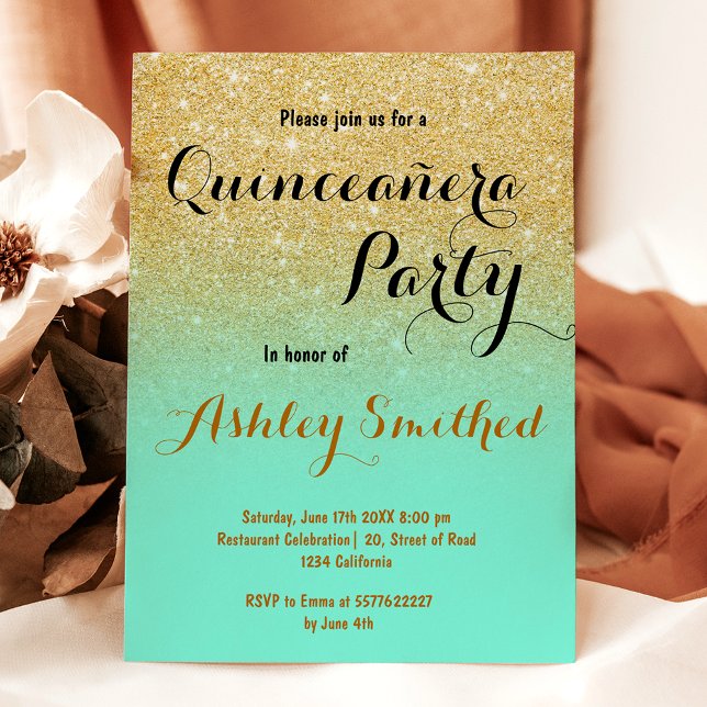 Convite Moderno Quinceañera verde menta brilho dourado fem (Modern girly gold glitter mint green Quinceañera Invitation)