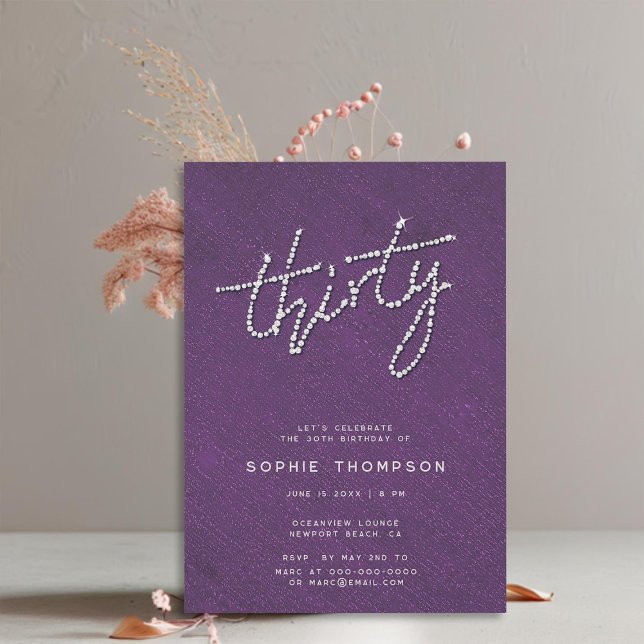 Convite Moderno Rhinestones aniversário de 30 anos Minimal (elegant rhinestones modern purple 30th birthday invitation for women classy minimalist calligraphy)
