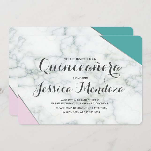 Convite Moderno Rosa Azul Mármore Quinceañera Doce 15 (Frente/Verso)