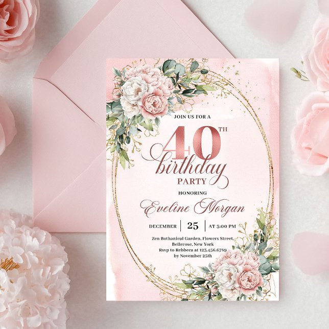 Convite Moderno Rosa Dourado Boêmio Flores 40º Aniversário (Trendy Bohemian Rose Gold Flowers 40th Birthday Invitation)