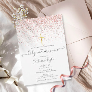 Convite Moderno Rosa Dourado Brilhante Primeira Sagrada Co