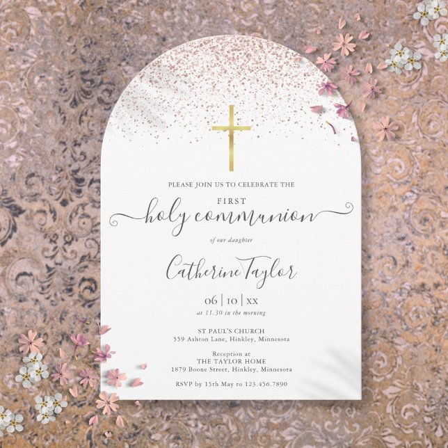 Convite Moderno Rosa Dourado Literatura Primeira Santa Com (Modern Rose Gold Glitter First Holy Communion Invitation)