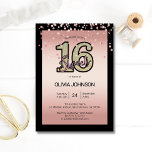 Convite Moderno Rosa Rosa Brilhante Brilhante Doce Dezesse<br><div class="desc">Rosa de folha de ouro moderna doce de dezesseis e dezesseis convites de aniversário para aquele adolescente especial. Fundo preto com matizes cor-de-rosa rosa. Personalize adicionando nome e informações da parte.</div>