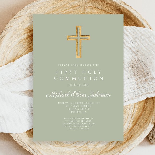 Convite Moderno sábio Verde Cruz Religiosa Primeira Comunh (Modern Sage Green Cross Religious First Communion Invitation)