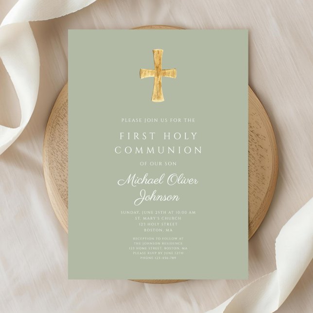 Convite Moderno sábio Verde Cruz Religiosa Primeira Comunh (Modern Sage Green Cross Religious First Communion Invitation)