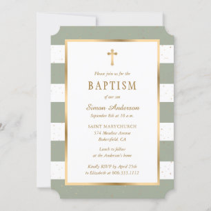 Convite Moderno sábio verde Dourado cruz estrelas batismo