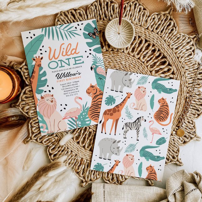 Convite Moderno Safari Animais Selvagens Um primeiro anive (Criador carregado)