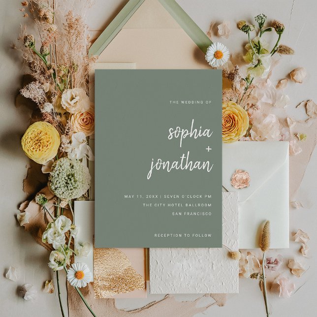Convite Moderno - Sage Minimalista Verde | Casamento (A chic, sage green wedding invitation with modern white typography)