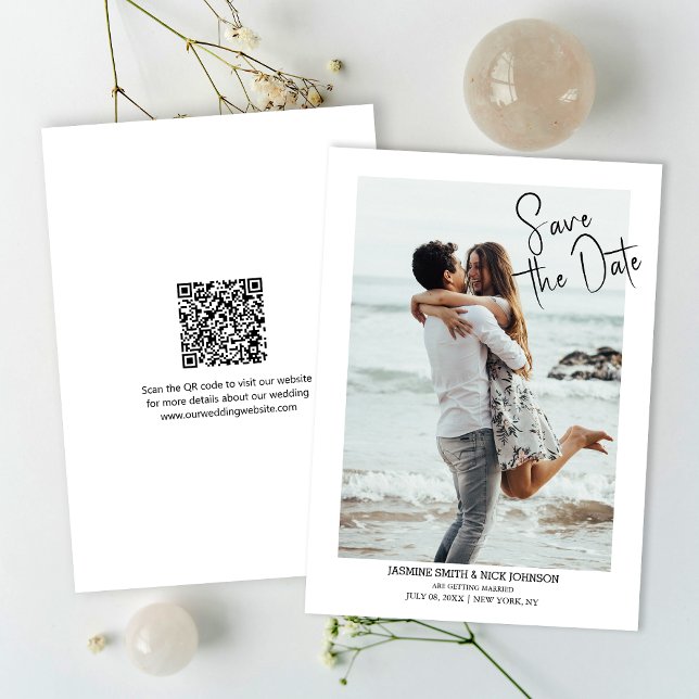 Convite Moderno Salvar Data QR Código Foto Casamento (Simplify your RSVP with our QR code save-the-date, adding an unforgettable touch to your special day)
