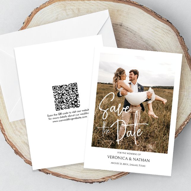 Convite Moderno Salve A Data Foto Código QR Casamento (The QR code makes it easy for guests to visit your website for more details about your wedding.)