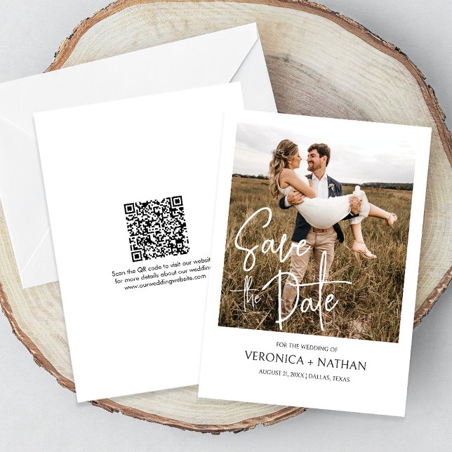 Convite Moderno Salve A Data Foto Código QR Casamento (The QR code makes it easy for guests to visit your website for more details about your wedding.)