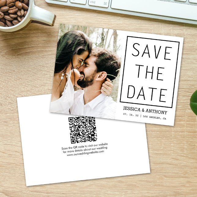 Convite Moderno Salve A Data Foto Código QR Casamento (Save the Date with a QR code for your guests to easily find out more details about your wedding.)