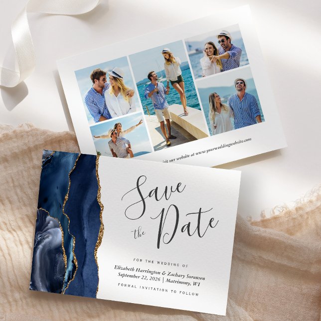 Convite Moderno Save the Date Azul Naval Dourado com Ágata (Criador carregado)
