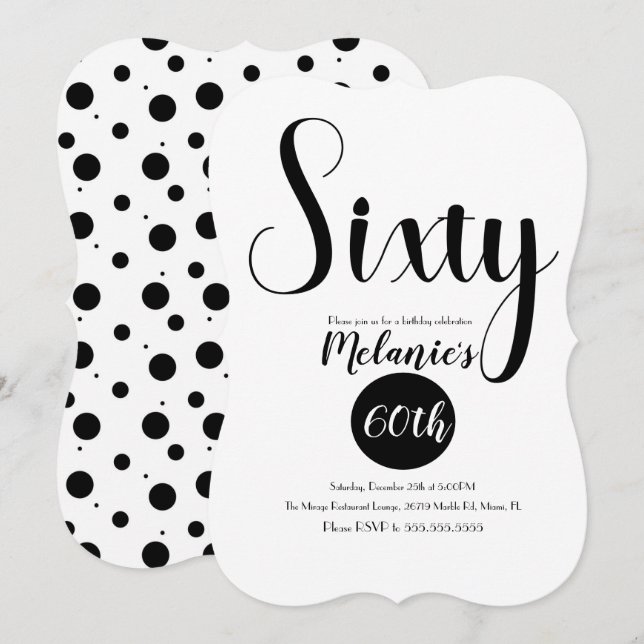 Convite Moderno Script 60th Bold Preto e Branco Pontos (Frente/Verso)