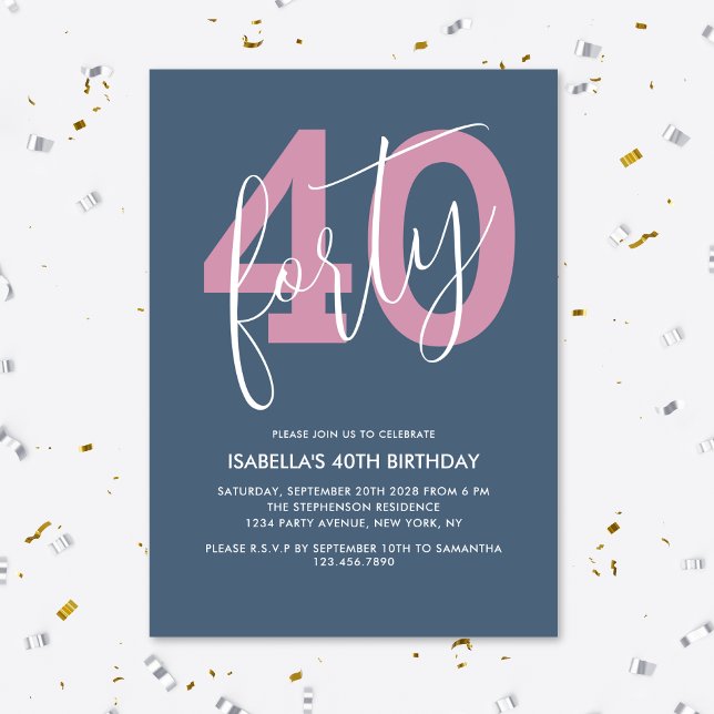 Convite Moderno Script Chic Aniversário de 40 anos com Est (Criador carregado)