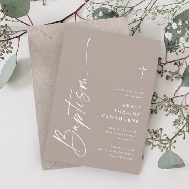 Convite Moderno Script Elegante Neutro em Gênero Boho Bati (Modern Elegant Script Boho Gender Neutral Baptism Invitations.)