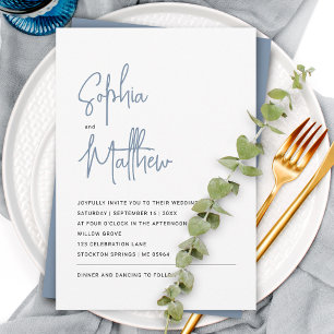 Convite Moderno Script Minimalista Azul Empoeirado   Casam