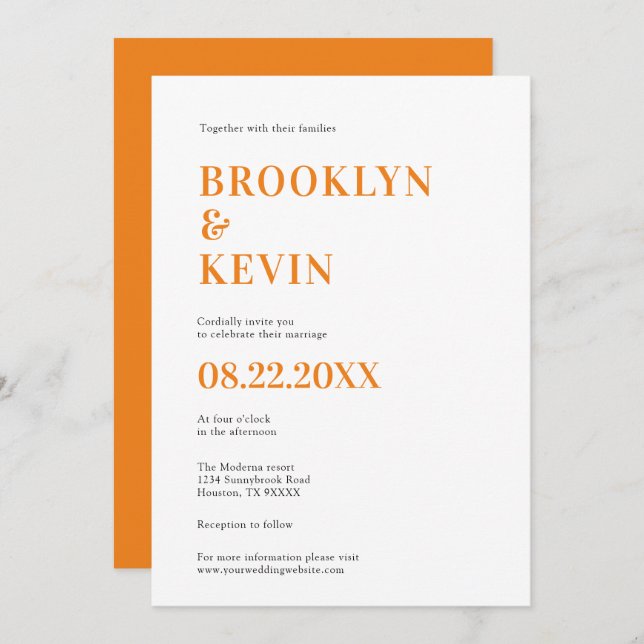 Convite Moderno Simples de Casamento Laranja Minim (Frente/Verso)