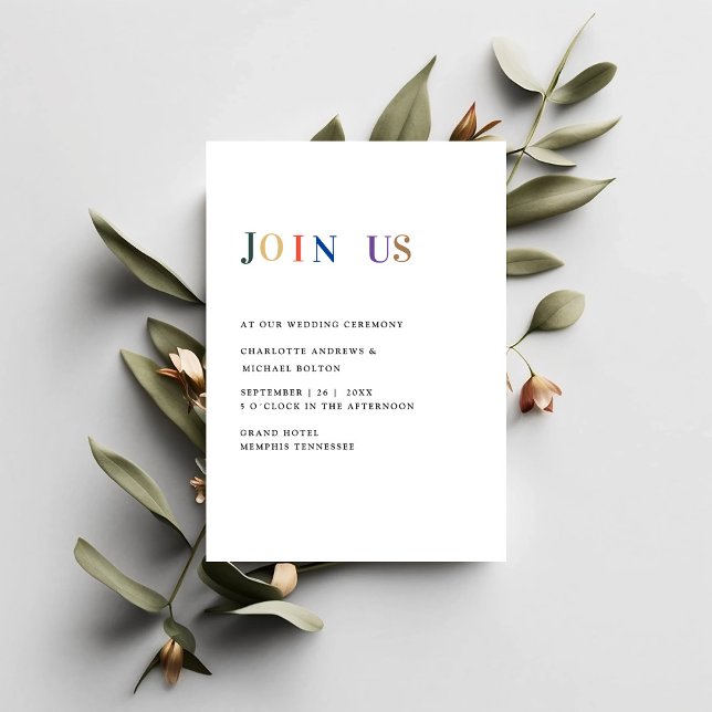 Convite Moderno, simples, frisch Hochzeit (Minimal, modern, white, wedding invitation card with colorful typography. 
)