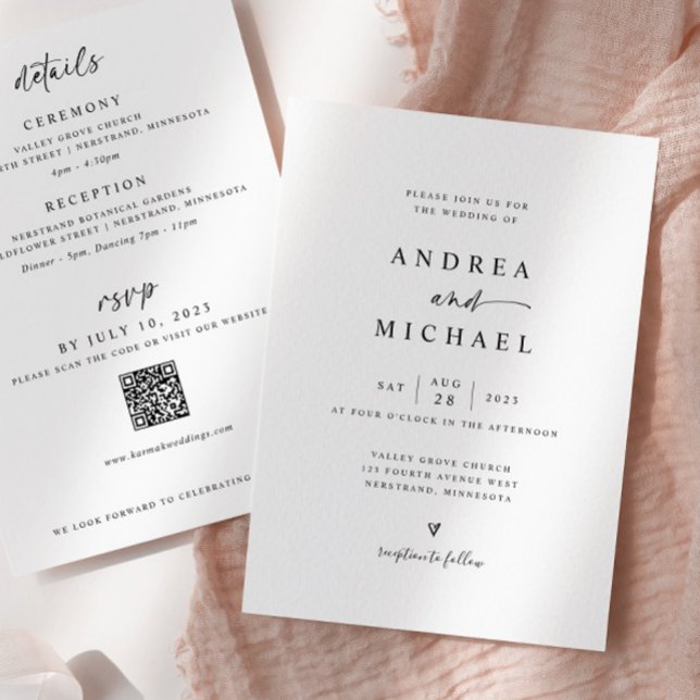 Convite Moderno Simples Tudo em Uma Mão Desenhou Casamento (Simple Modern All in One wedding invitations with details on the back)