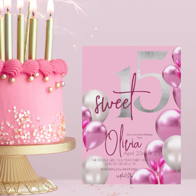 Convite Moderno Sweet 15 Pink Silver Balloons Aniversário (Criador carregado)