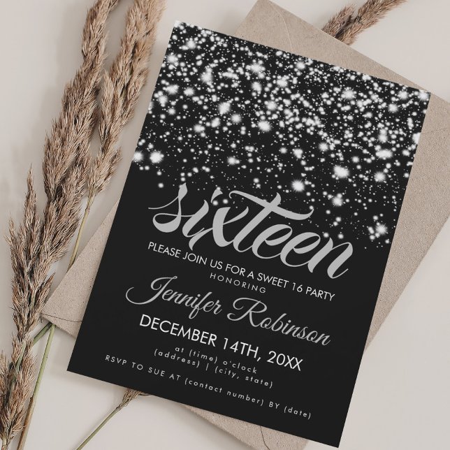 Convite Moderno Sweet 16 Silver e Black Midnight Glam (Modern Sweet 16 Silver & Black Midnight Glam Invitation)
