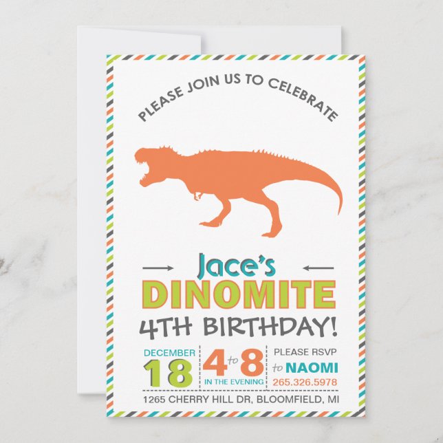 Convite Moderno T-Rex Dinossaur Orange Green Invite (Frente)