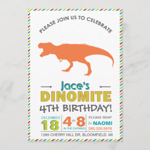 Convite Moderno T-Rex Dinossaur Orange Green Invite