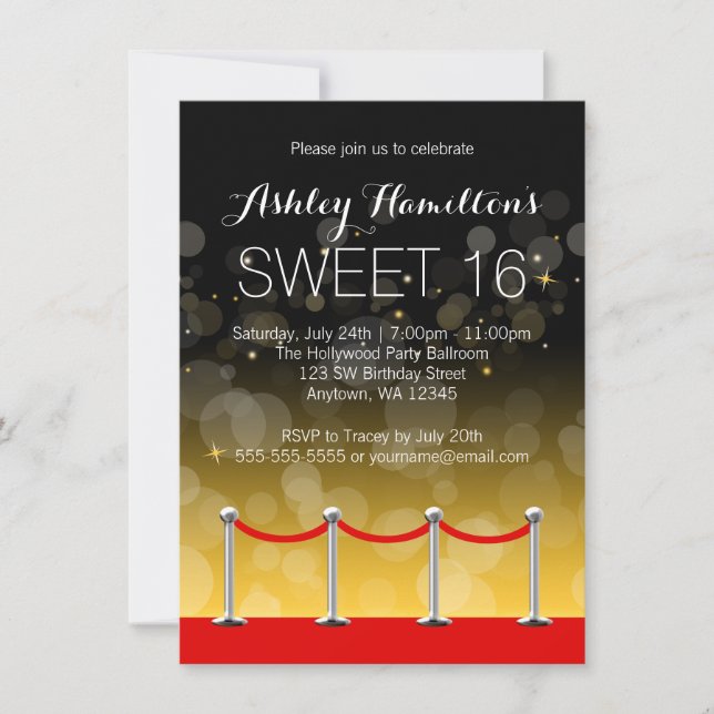 Convite Moderno Tapete Vermelho Hollywood Sweet 16 (Frente)