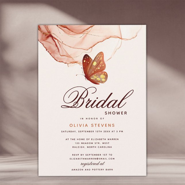 Convite Moderno Terracotta Dourado Chá de panela de Borbol (terracotta gold butterfly bridal veil shower invitation elegant calligraphy modern classic formal)