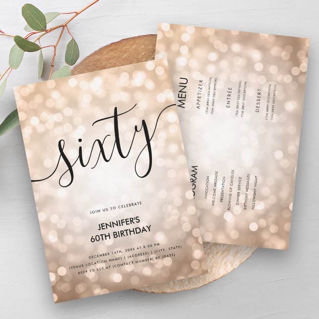 Convite Moderno Tudo em um Rosa Dourado Luz 60 Aniversário (Modern All In One Rose Gold Lights 60 Birthday Invitation)