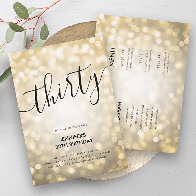 Convite Moderno Tudo Em Uma Luz Dourada Leve 30 Aniversári (Modern All In One Gold Glitter Lights 30 Birthday Invitation)