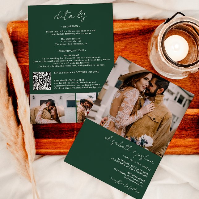 Convite Moderno verde branco 4 foto Qr tudo em um casament (Modern black white 4 photo Qr all in one wedding Invitation on dark green)