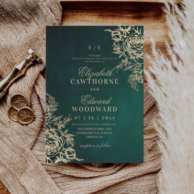 Convite Moderno Verde e Dourado ⎮ Casamento Elegante Rosa (Criador carregado)