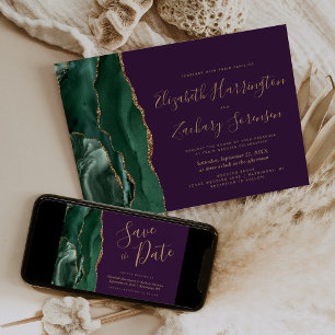 Convite Moderno Verde Esmeralda Ouro Ágata Roxo Casamento