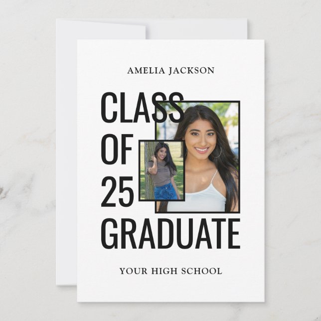 Convite Moderno White 2 Fotos Classe De 25 Formando Aberta (Frente)