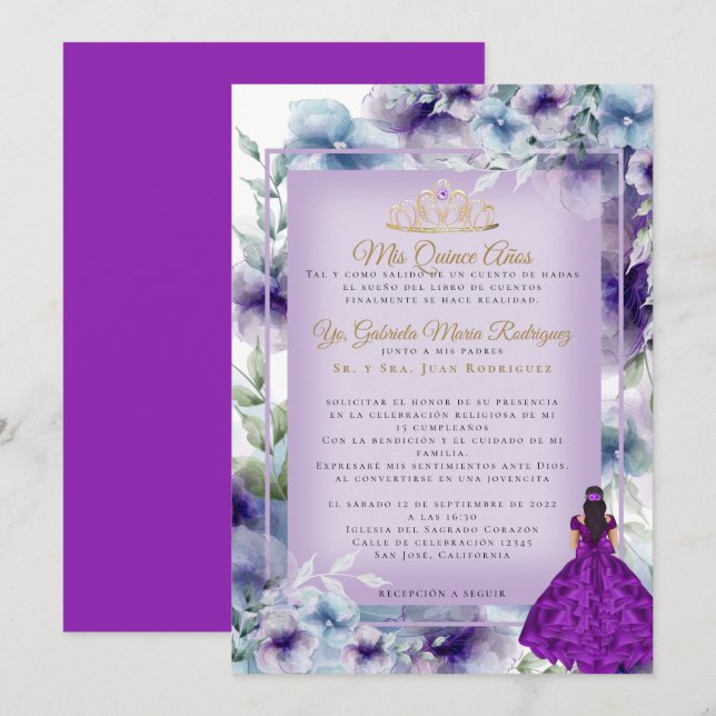 Convite Modernos Flores Roxas Quinceañera  (Frente/Verso)