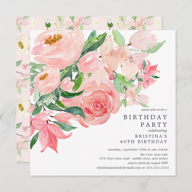 Convite Mola d'água verde e Festa de aniversário floral ro (Frente/Verso)