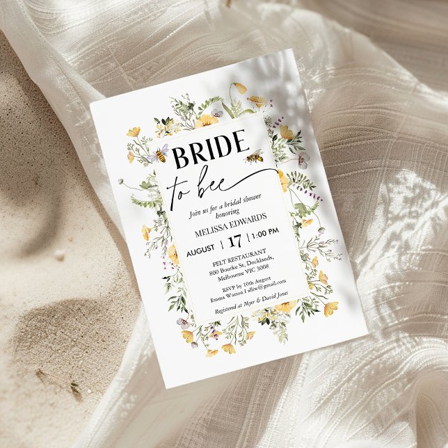 Convite Moldura Amarelo De Flor Selvagem Que Quer Ser Chá  (Bee Bridal Shower Invitation, Meant to Bee Bridal Shower Invite, Wildflowers Bees, Bee Themed Bridal)
