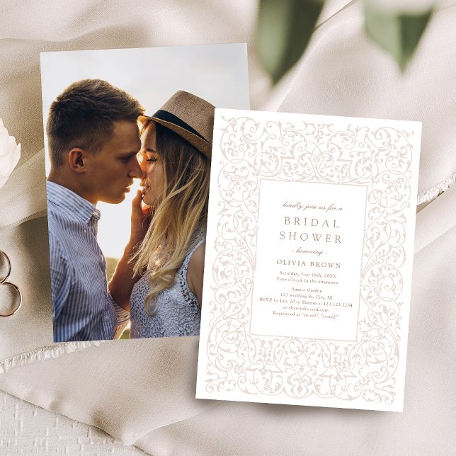 Convite Moldura Antiga Marfim Enfeitada Chá de Noiva (Ivory Vintage Ornate Frame Bridal Shower Invitation)